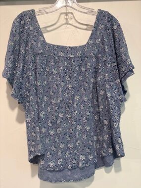 Lucky Brand Blue Floral Square-Neck Blouse